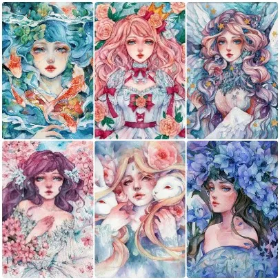 quebra-cabeca-de-pecas-transparente-com-efeito-de-Agua-com-peonias-e-lirios-em-flor-e-fada-da-floresta-verde-palido-com-vibe-fresca-e-relaxante