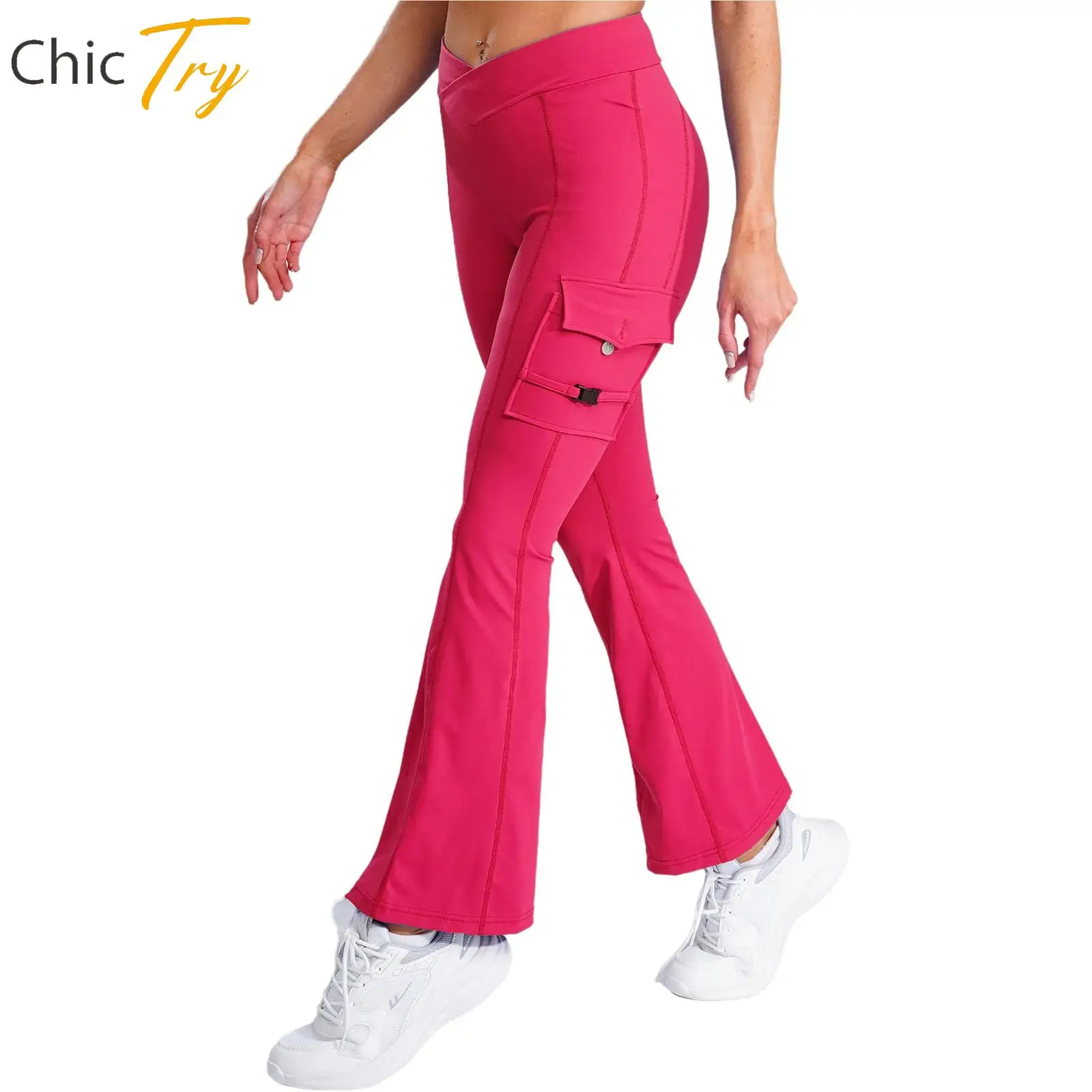 レディース-カーゴ-ヨガパンツ-vフロント-ストレッチ-フレア-レギンス-バックル-フラップ-ポケット付き-ダンス-ジム-ワークアウト-フィットネス-ボトムス-コスチューム