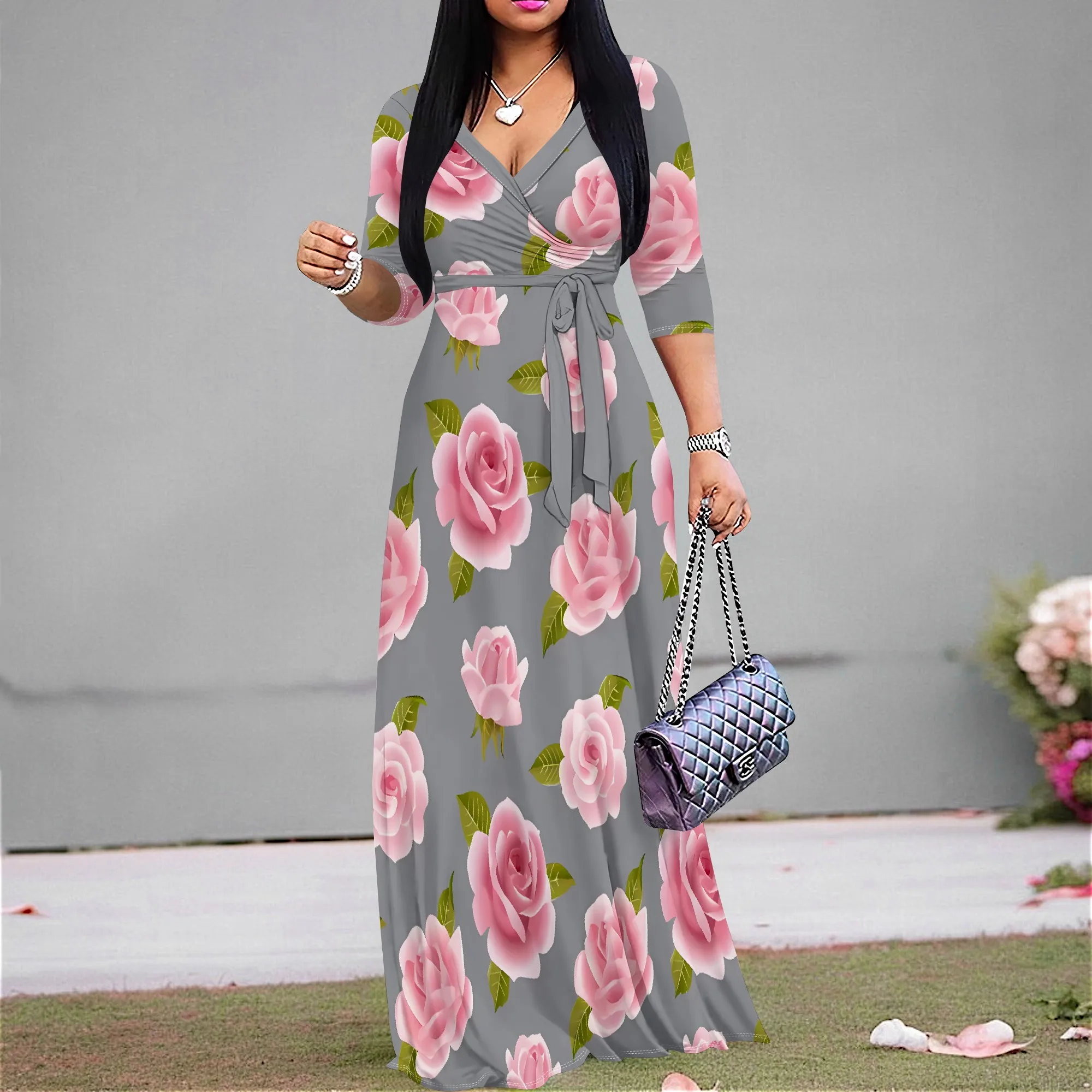 

Nupusa Rose Print Wrap Dress Women Summer Half Sleeve Maxi Dress