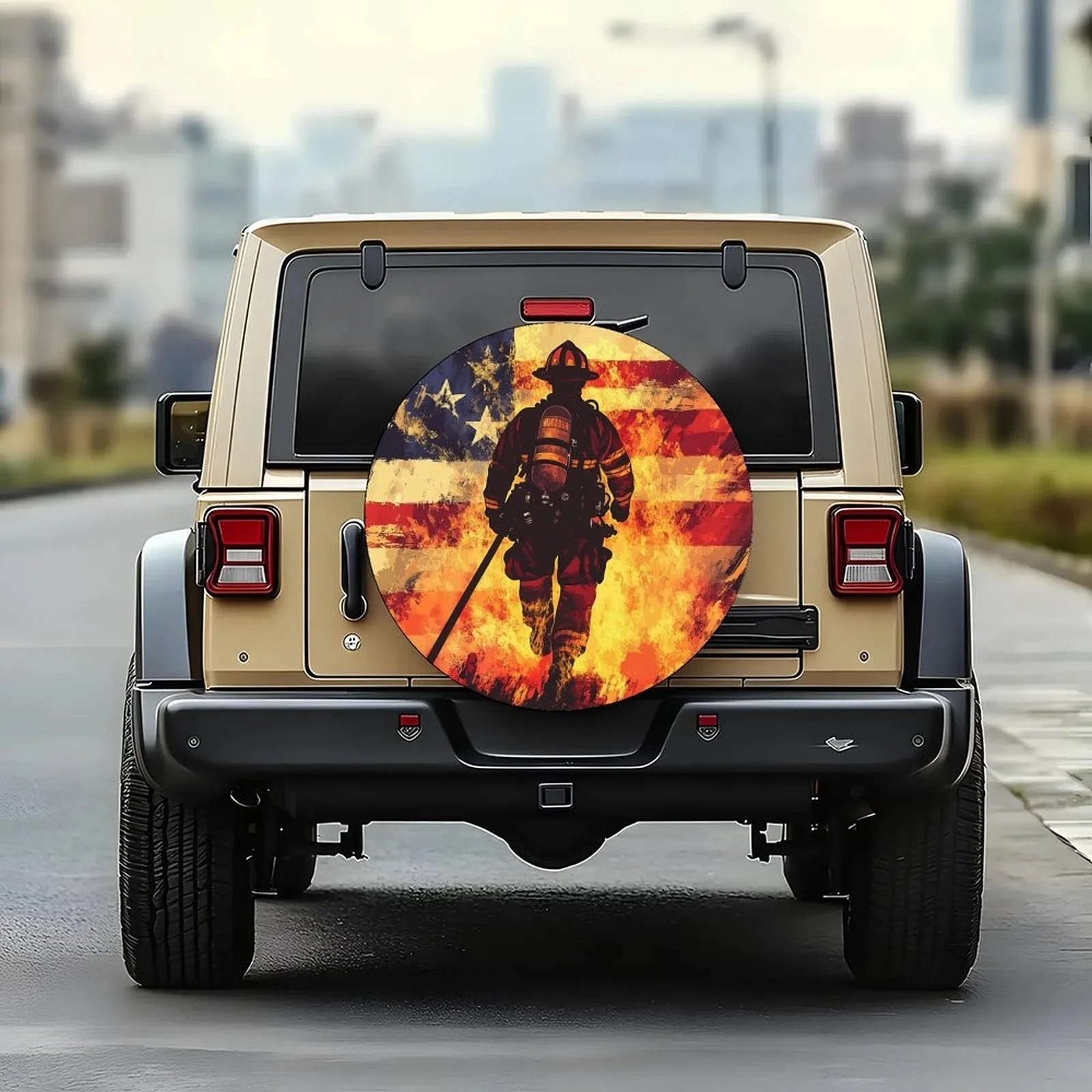 1pc Tire Cover Featuring A Firefighter And Flag Design, Stylish Universal Fit For Wheel Protection, Compatible With Most Car Whe