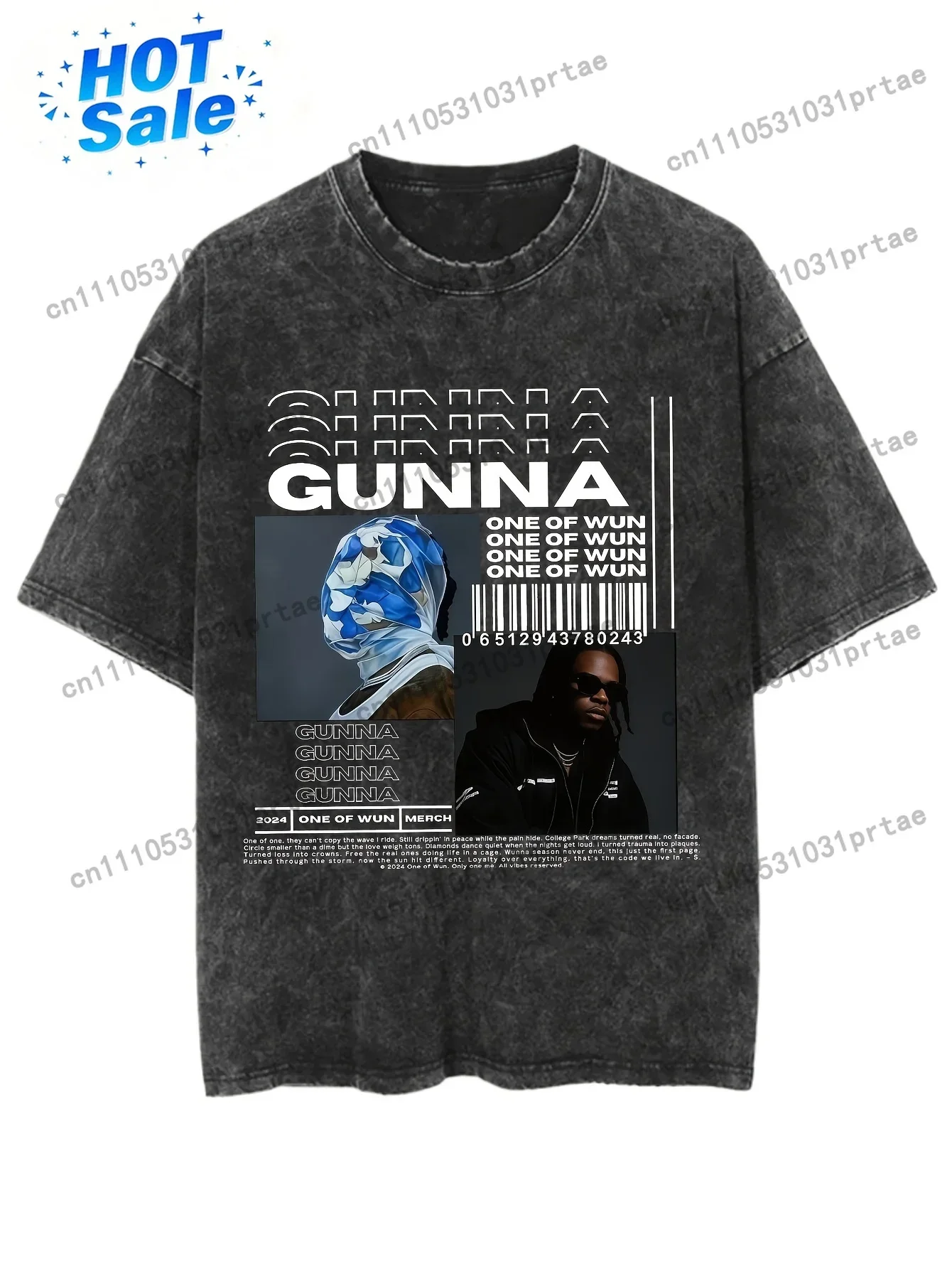 Adaptable Unisex Vintage Washed Oversized Black Tshirt Short Sleeve Tees Graphic Men Women Clothing GUNNA One Of Barcode Black