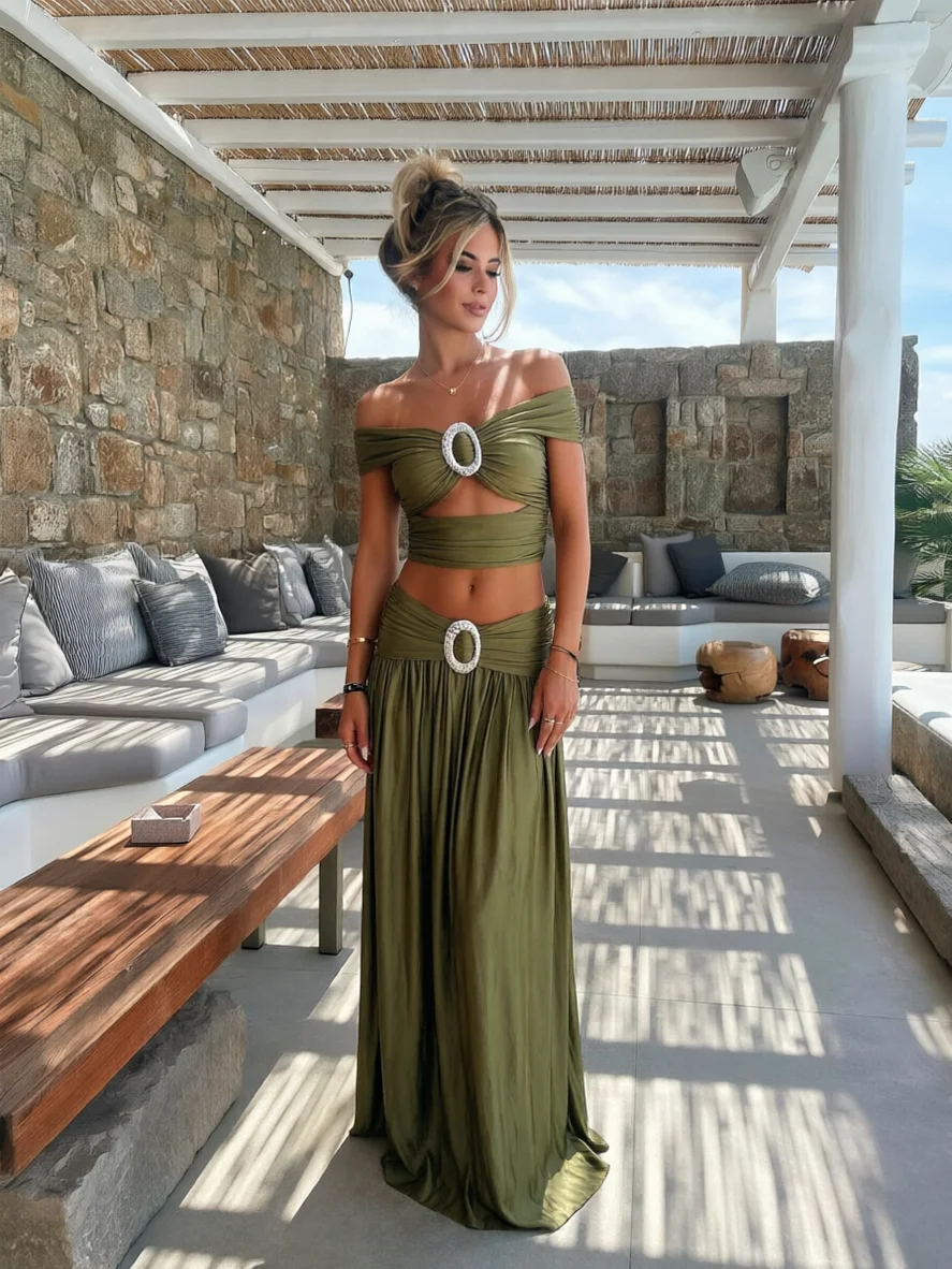 Luxury Cutout One Piece Swimsuit With Skirt Set Women Swimwear Fashion Lady Metal Accents Bathing Suit Mujer Vacation Beachwear