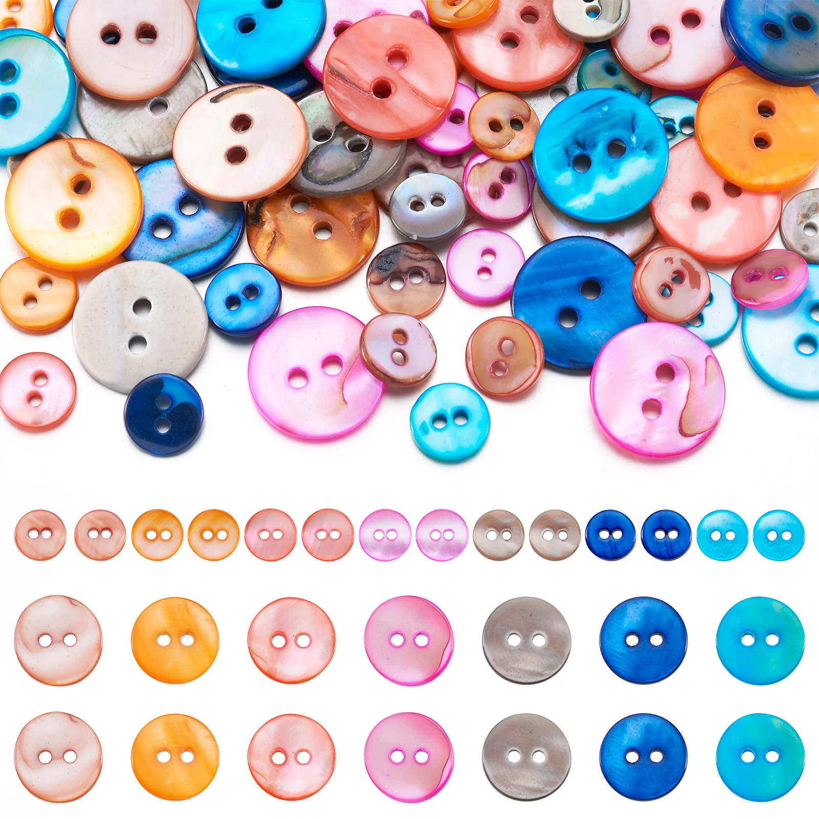 70pcs 14 Styles Mixed Color Freshwater Shell Buttons Flat Round Buttons for Diy Bracelet Necklace Jewelry Making Findings