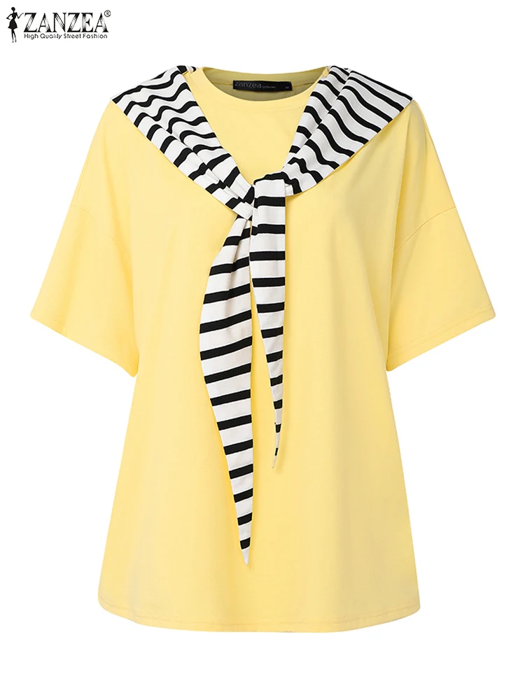 

ZANZEA 2025 Summer Women Tops Stylish Casual Half Sleeve Blouses Patchwork Blusas Elegant O Neck Work Shirt Stripe Loose Chemise