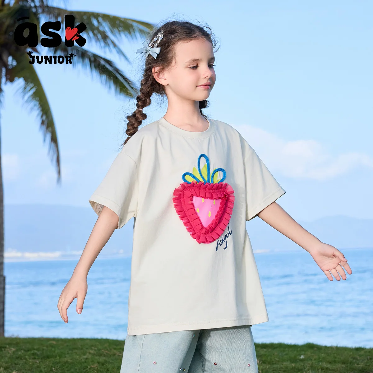 تي شيرت صيفي بأكمام قصيرة للأطفال للفتيات بكتف أمامي وأكمام قصيرة مطبوعة بشكل لطيف #1