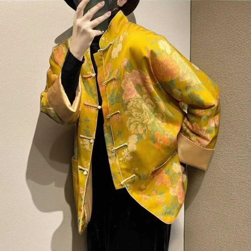 

Новинка 2023 года, осенние парки с цветочным принтом, женские парки в китайском стиле с длинным рукавом и лягушкой на пуговицах, желтое карманное женское пальто, модная куртка