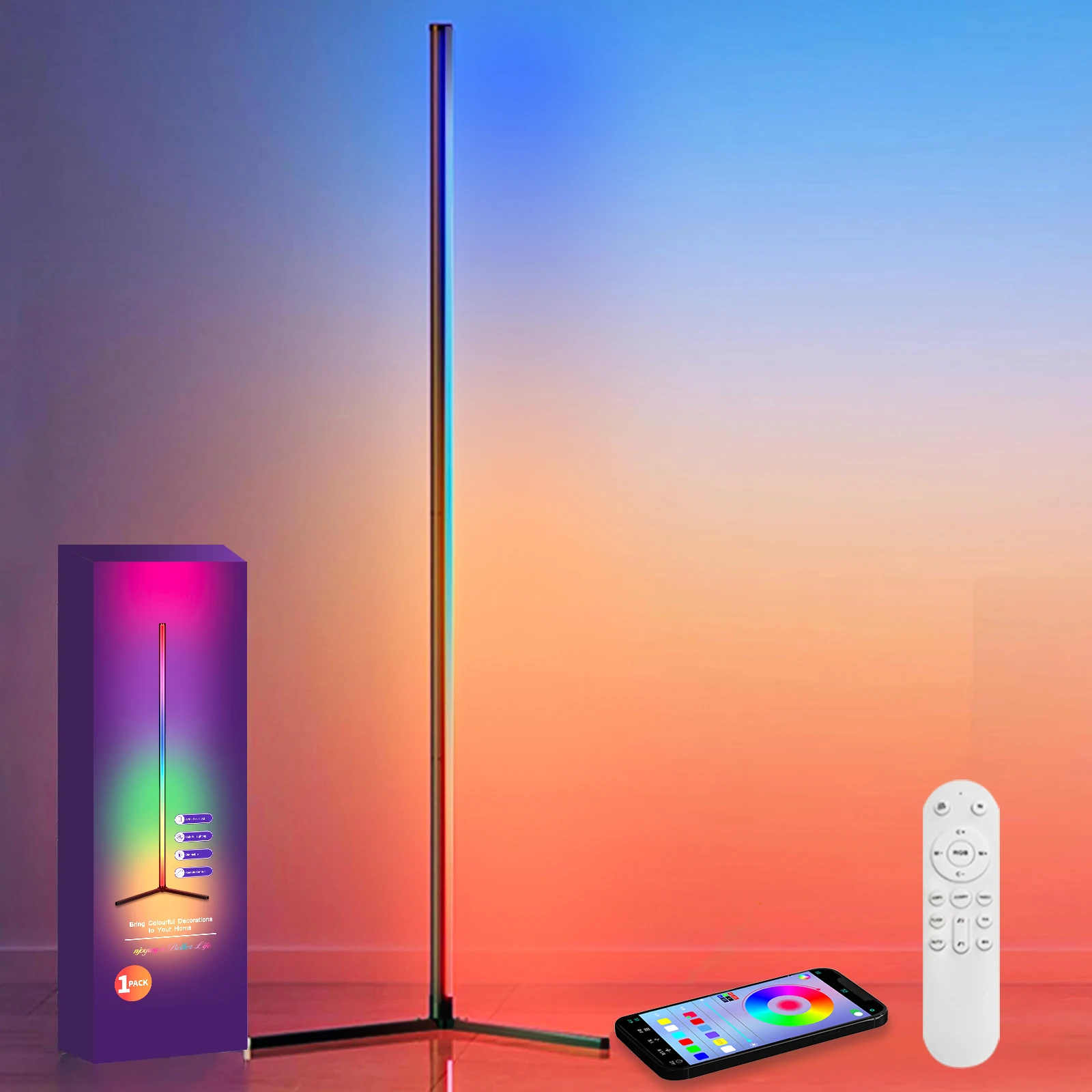 2PC/1PC LED-vloerlamp, 160CM/63IN RGB-hoeklamp Werkt met APP/afstandsbediening, slim hoeklicht met 16 miljoen doe-het-zelf-kleuren,