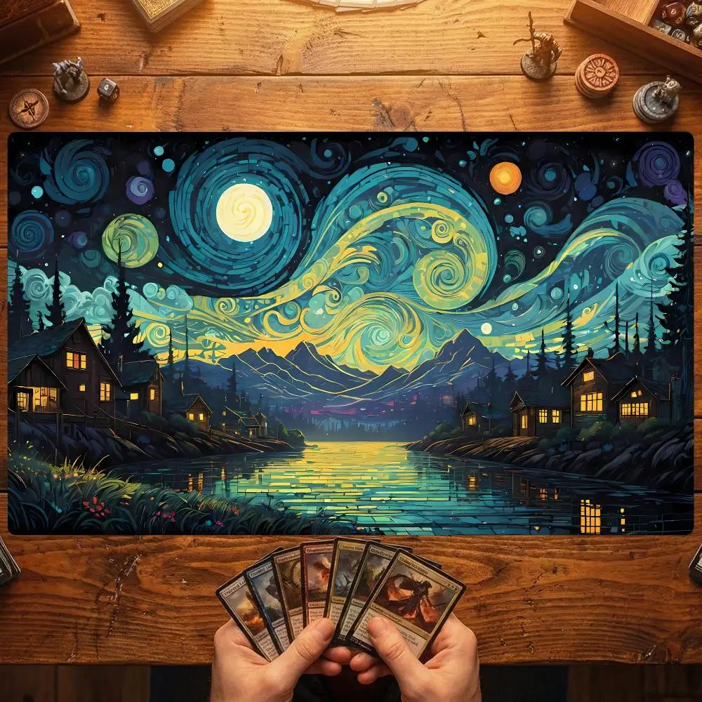Cosmic Starry Mountain Landscape TCG Playmat 35X60CM Magic Card Battle Mat Non‑Slip Durable Stitched Edge Tabletop Playmat