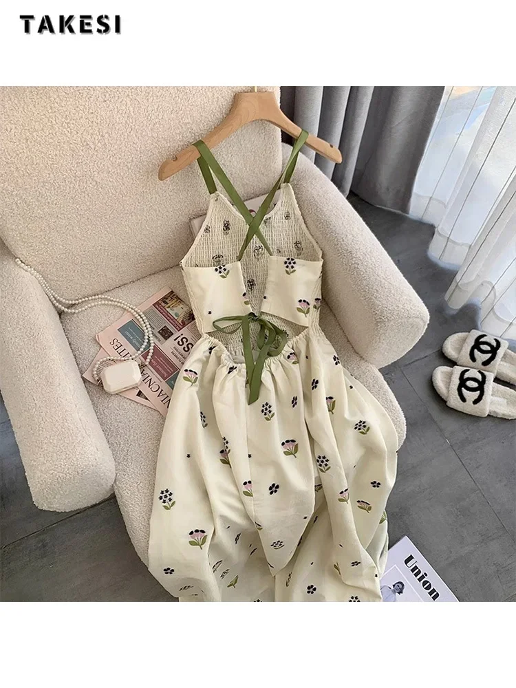 

Women Round Neck Sexy Slim Fit Floral Print Suspender Dresses 2024 Summer Casual Hollow Out High Waist Lace-up Fairy Dress