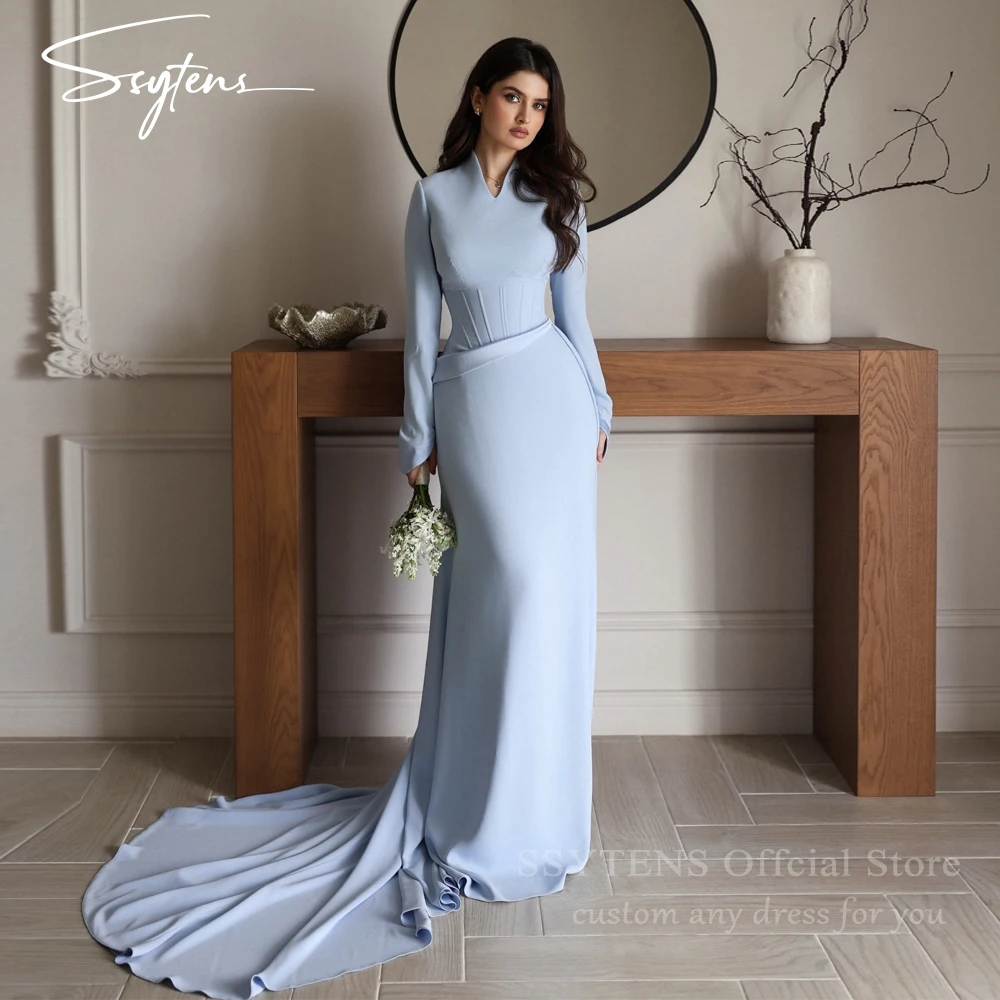

SSYTENS Elegant Dubai Satin Evening Dresses Long Sleeves Mermaid Prom Dress Saudi Arabia V Neck Event Party Dresses Customized