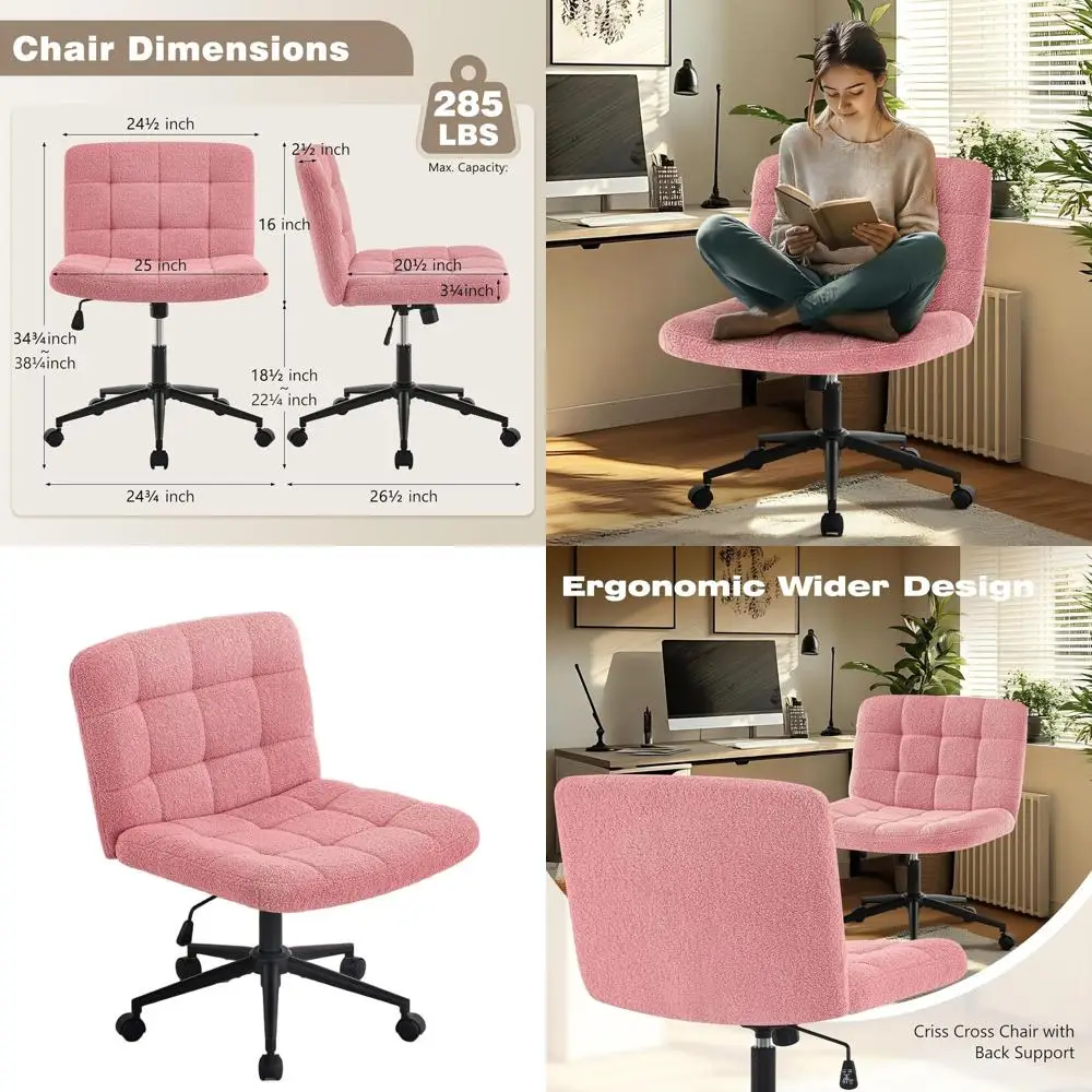 

Широкое офисное кресло из ткани шерпа с средней спинкой, регулируемой высотой и колесиками для домашнего офиса, розовое