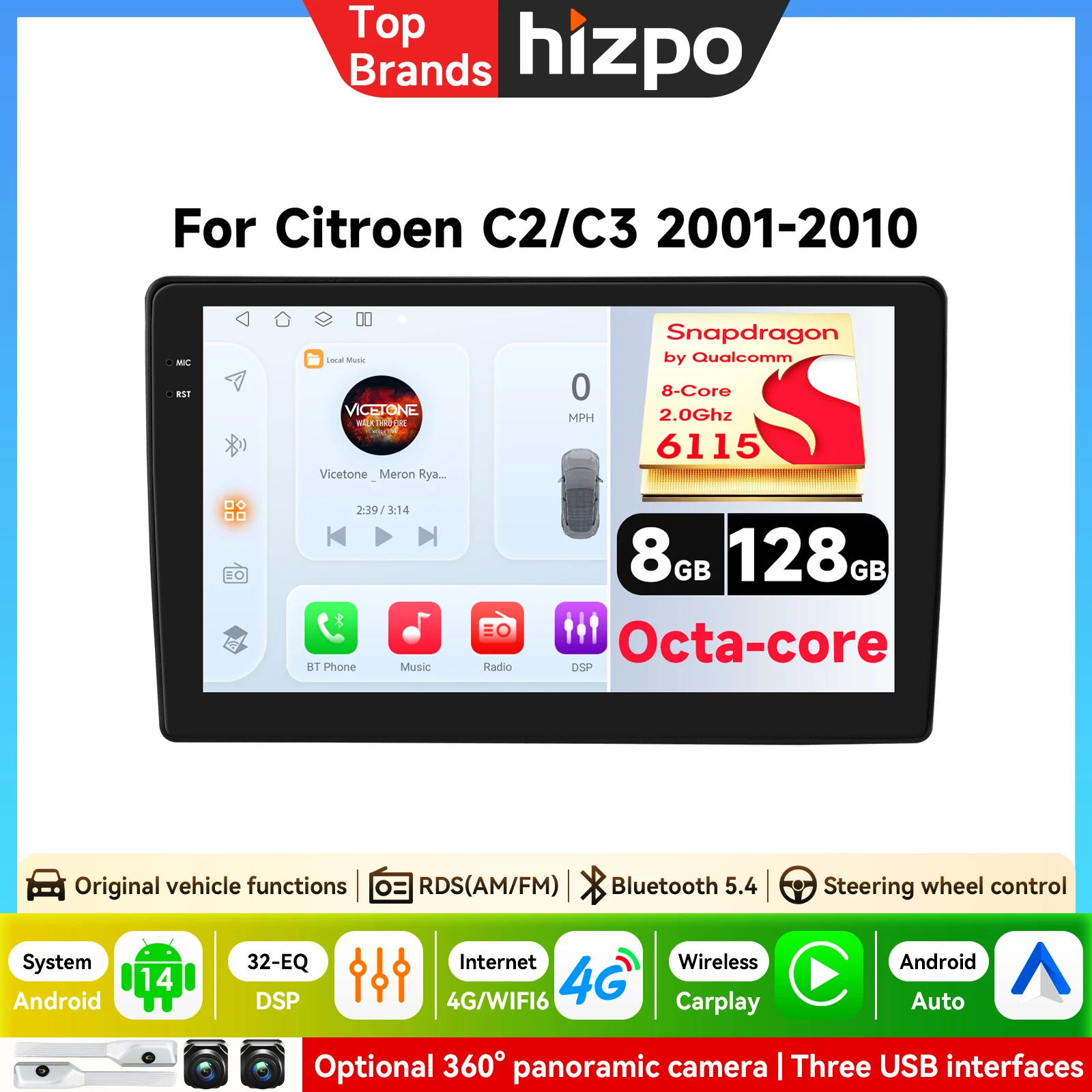 KI-Autoradio für Citroen C2 C3 2001-2010 Android Multimedia-Player GPS-Navigation Carplay QLED Touchscreen Auto-Stereoanlage Qualcomm