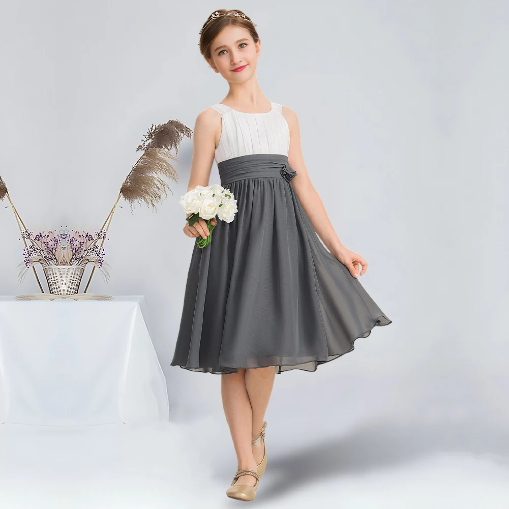 A-line Scoop Knee-Length Chiffon Junior Bridesmaid Dress Party For Teens With Flower Steel Grey Flower Girl Dress for Wedding