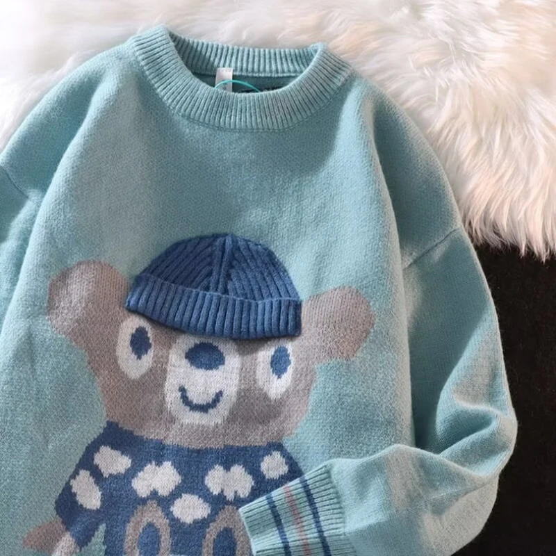 Frühling Herbst Bär Druck Männer Langarm o Hals Strick pullover Japan Stil Jugend mode lässig übergroße Pullover schwarz blau