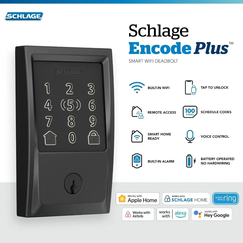 Schlage BE499WB CEN 622 Encode Plus WiFi Deadbolt Smart Lock, Keyless Entry Touchscreen Door Lock with Century Trim