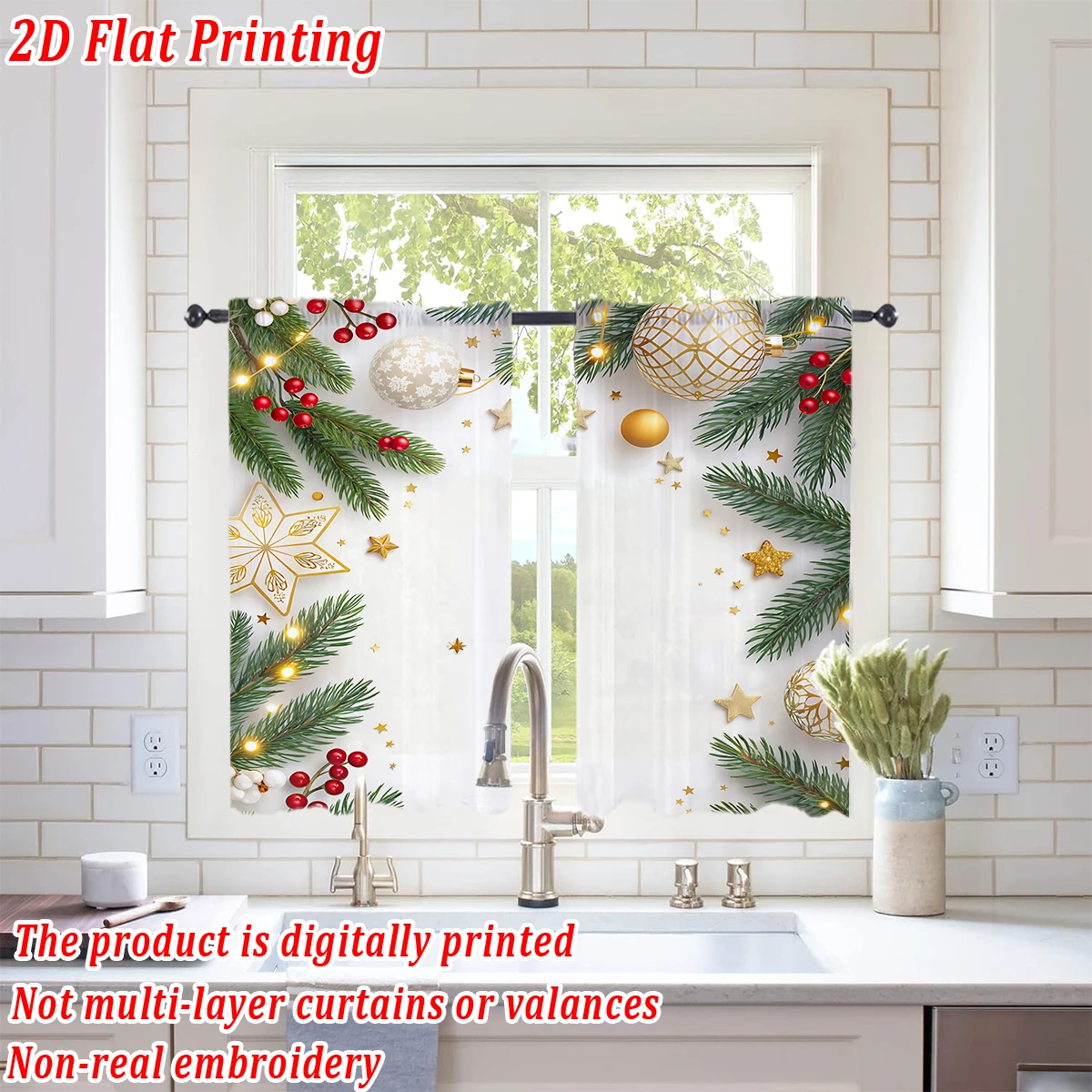 クリスマス柄のキッチン用シアーカーテン、メリークリスマスのボール、星、ベリー、松の枝付き、クリスマスの家の装飾、パーティー用
