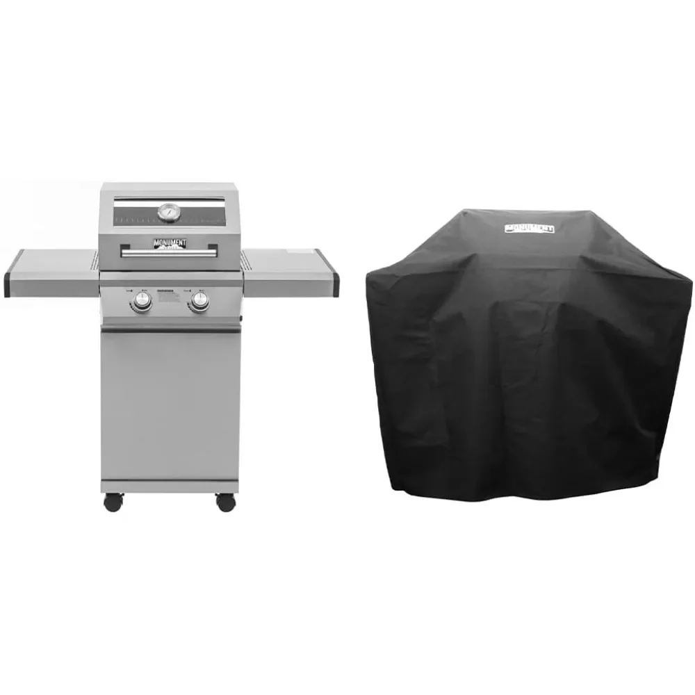 

14633 2-Burner Foldable Stainless Steel Liquid Propane Gas Grill with Clearview® Lid, Knob Controls with BBQ Cover(2 items)