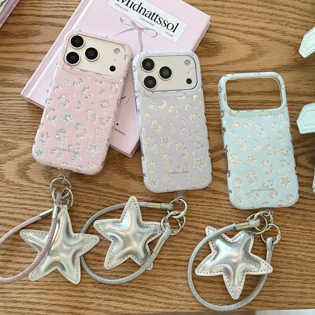 Coque de protection antichoc brillante à imprimé léopard style coréen avec pendentif et cordon pour iPhone 17 16 15 Pro Max