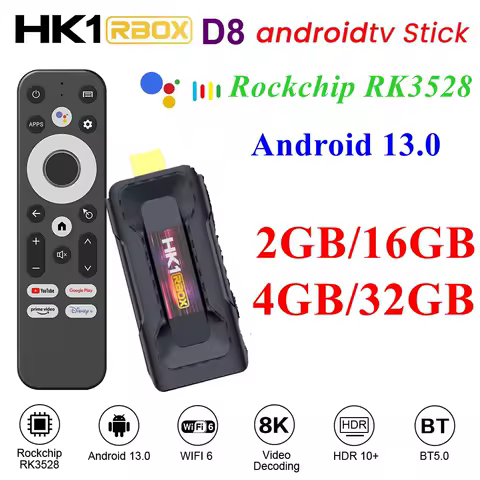 HK1 RBOX D8 Smart TV Stick Android 13.0 RK3528 Quad Core 2G 16G 4G 32G 8K Video 1080P AVE HD 5G Dual Wifi6 BT5.0 Media Player