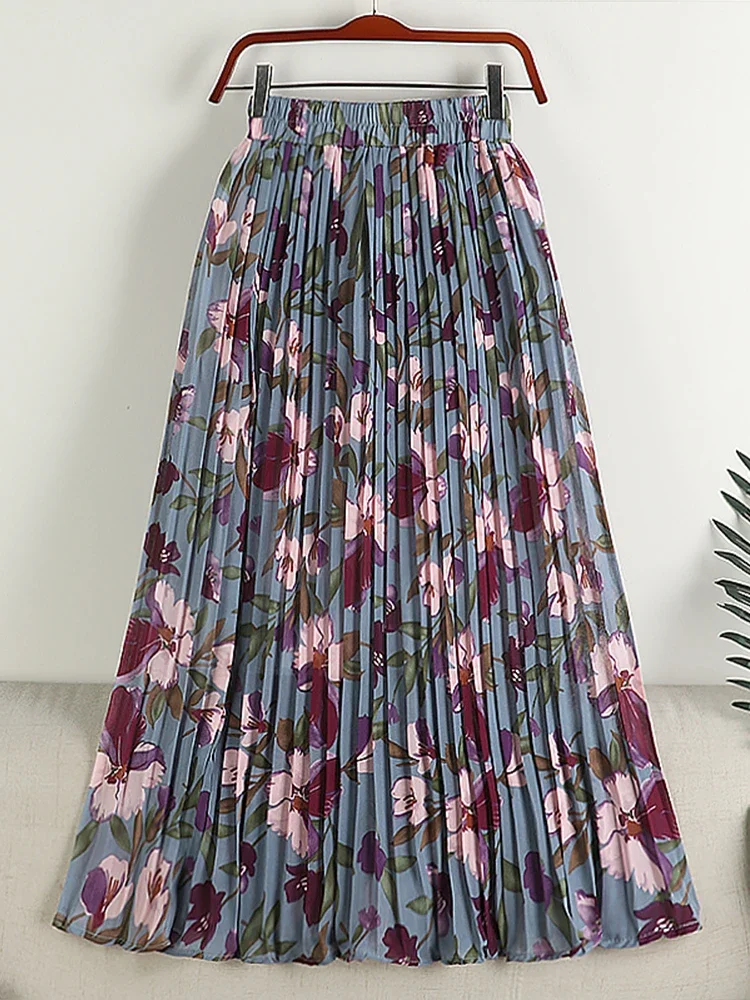 Floral Print Pleated Skirt for Women 2024 Spring Summer Vintage Chiffon A Line High Waist Midi Long Beach Skirt Female Z502