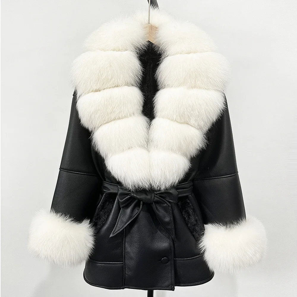 Frauen Lamm Pelzmantel Echt Fox Pelz Jacke 2025, Große Pelzmantel Faux Leder Mantel Herbst Winter Damen Mode Warme Outwear Tops