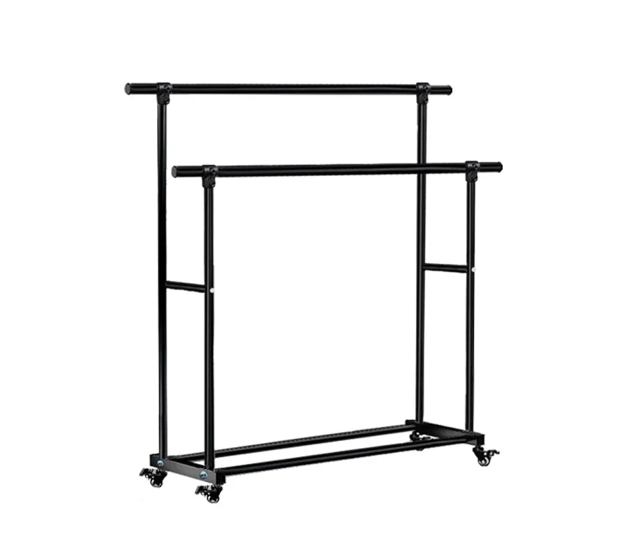 2026 Heavy Duty Metal Double Rod Garment Rack Rolling Clothes Organizer Wheels Premium Wall Hooks Coat Rack Organize Your Clothe