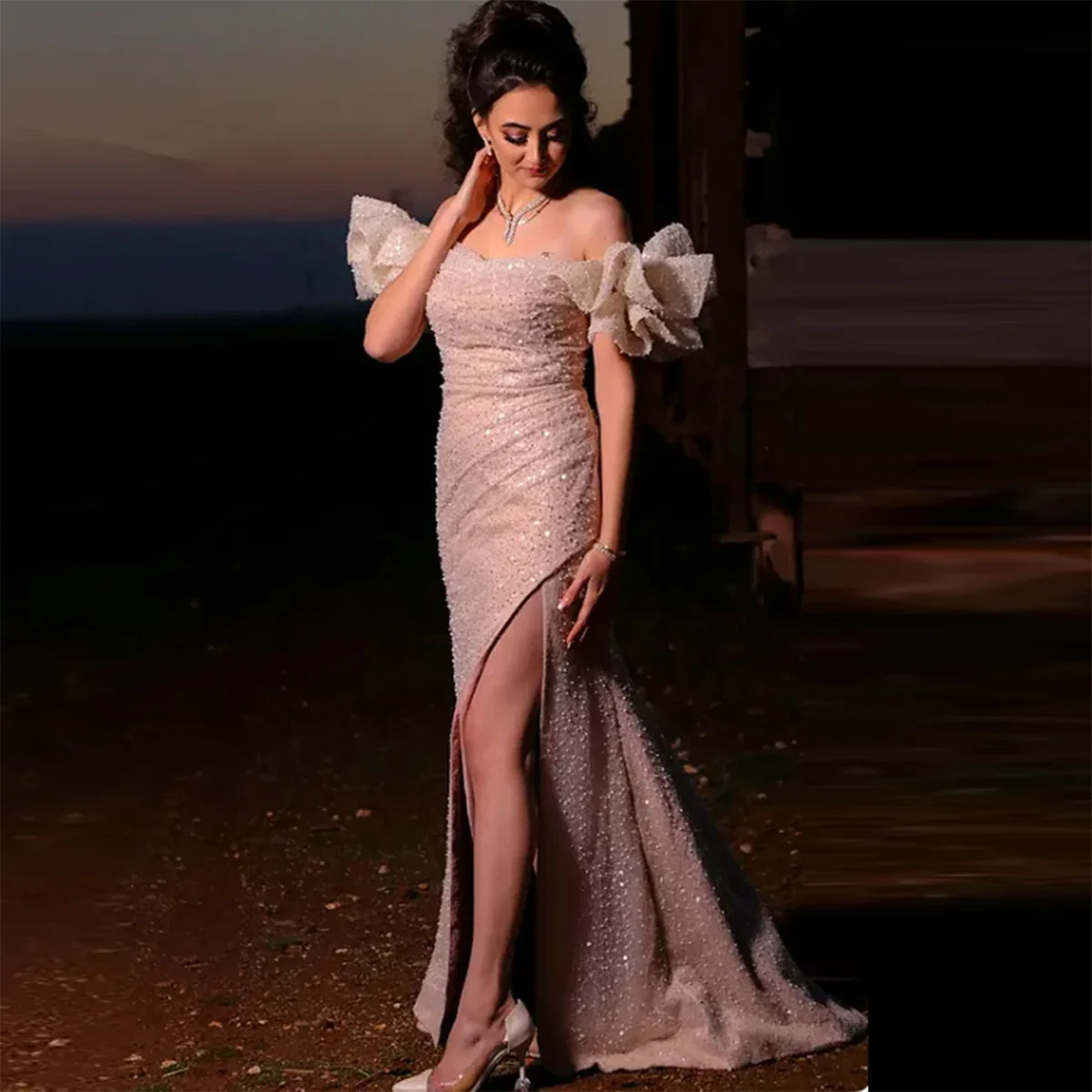 

Shining Sequined Beaded Evening Gowns Gorgeous Off The Shoulder Mermaid Prom Dresses Girls High Split Formal Party Dress