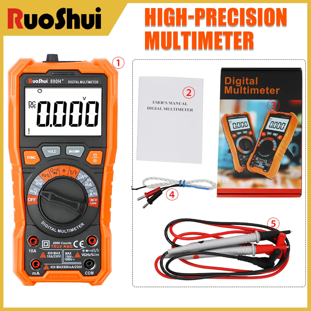 

RuoShui 890H+ Smart Digital Multimeter Auto-Ranging 6000 Counts True RMS Measurement Non-Contact AC/DC Voltage Testing Detector