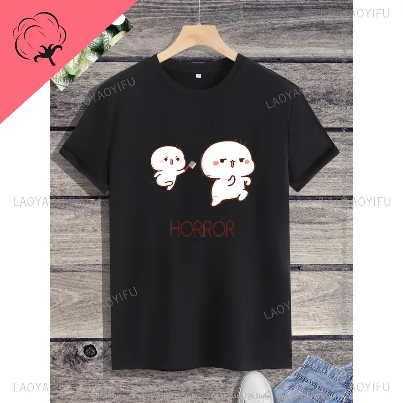 Kawaii S Clothing Cartoon Peach and Goma Mocha Moch Printed T-shirt Top Unisex Shirt   Cotton O-neck Short Sleeve