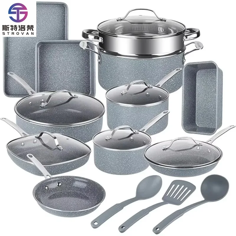 Low MOQ Gray Ceramic Kitchen Cooking Pot Cookware Set Good Sale Non Stick Stainless Steel Pots and Pans Set with Bakeware