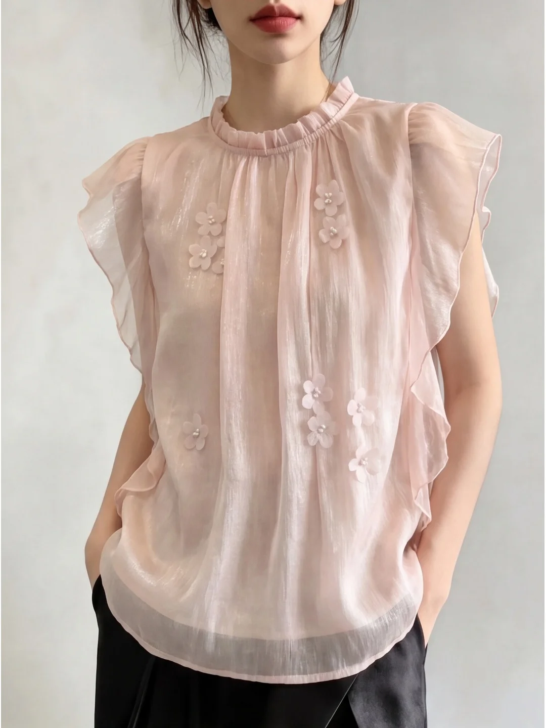 

Sweet Style Pink 3D Flower Lace Chiffon Top Women Summer Fairy Atmosphere Youthful Slimming Personality Short Sleeve rou...