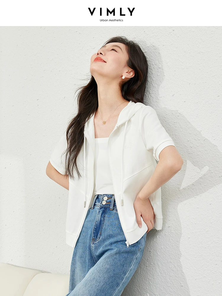 Vimly Summer Cotton Full Zipper Hooded Off White T-shirt 2024 Casual Simple Straight Short Sleeve Womens Top Clothing M6676