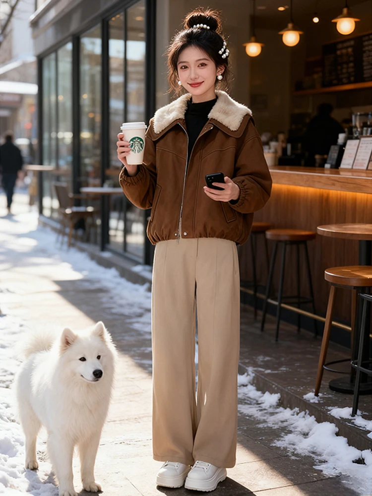 

Faionable ort Lamb Fur Collar Cotton Jaet Set Casual Warm Women's High Waist Wide Leg Pants Spring Autumn Winter Ensemble