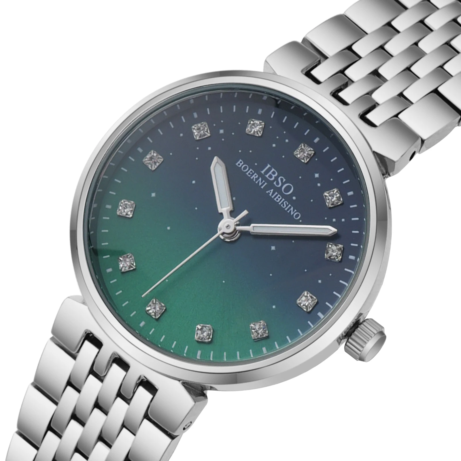 

IBSO Новое поступление 2025 г., градиентный цветной циферблат, ремешок из нержавеющей стали, светящиеся руки, 3 атм, водонепроницаемый