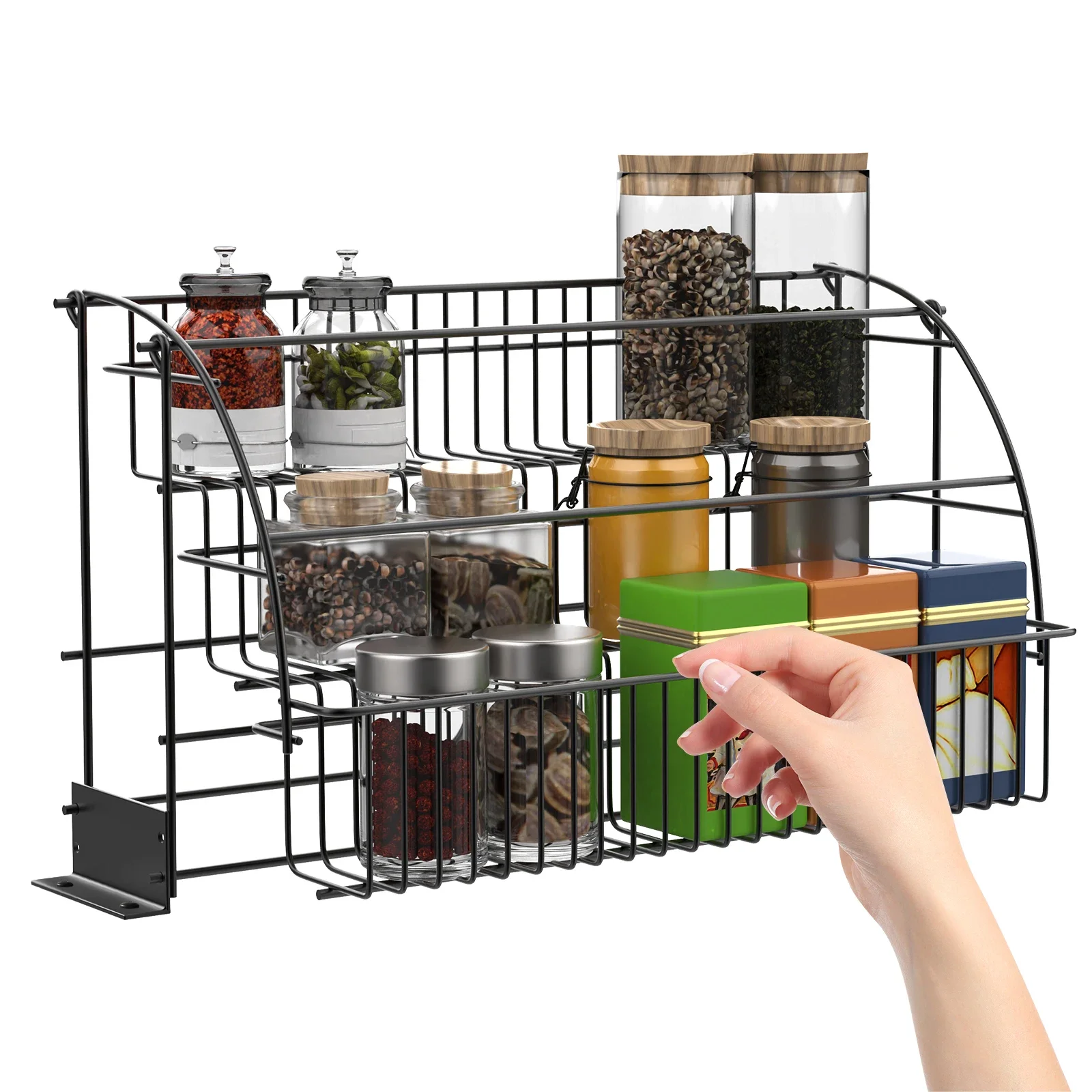 

Cabinet-Mounted Spice Organizer, Pull-Down Iron Rack for Kitchen Storage & Condiment Holder
