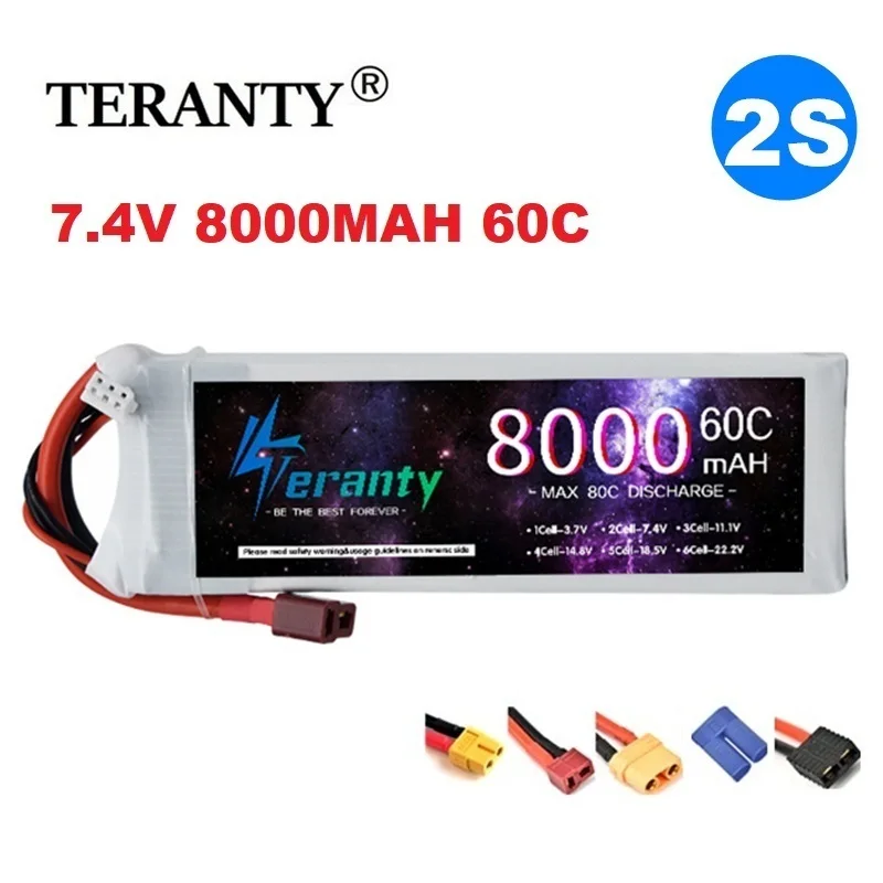 TERANTY Lipo Battery 2S 7.4V 8000mah 60C With XT60 XT90 EC5 RC Parts T Deans for RC Car Truck Airplane Boat 1/2PCS