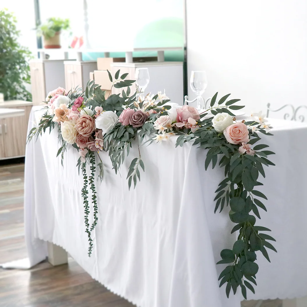 Yannew 2.7M Artificial Wedding Eucalyptus Garland Runner with Rose Flowers Rustic Floral Table Centerpieces Boho Wed Decoration