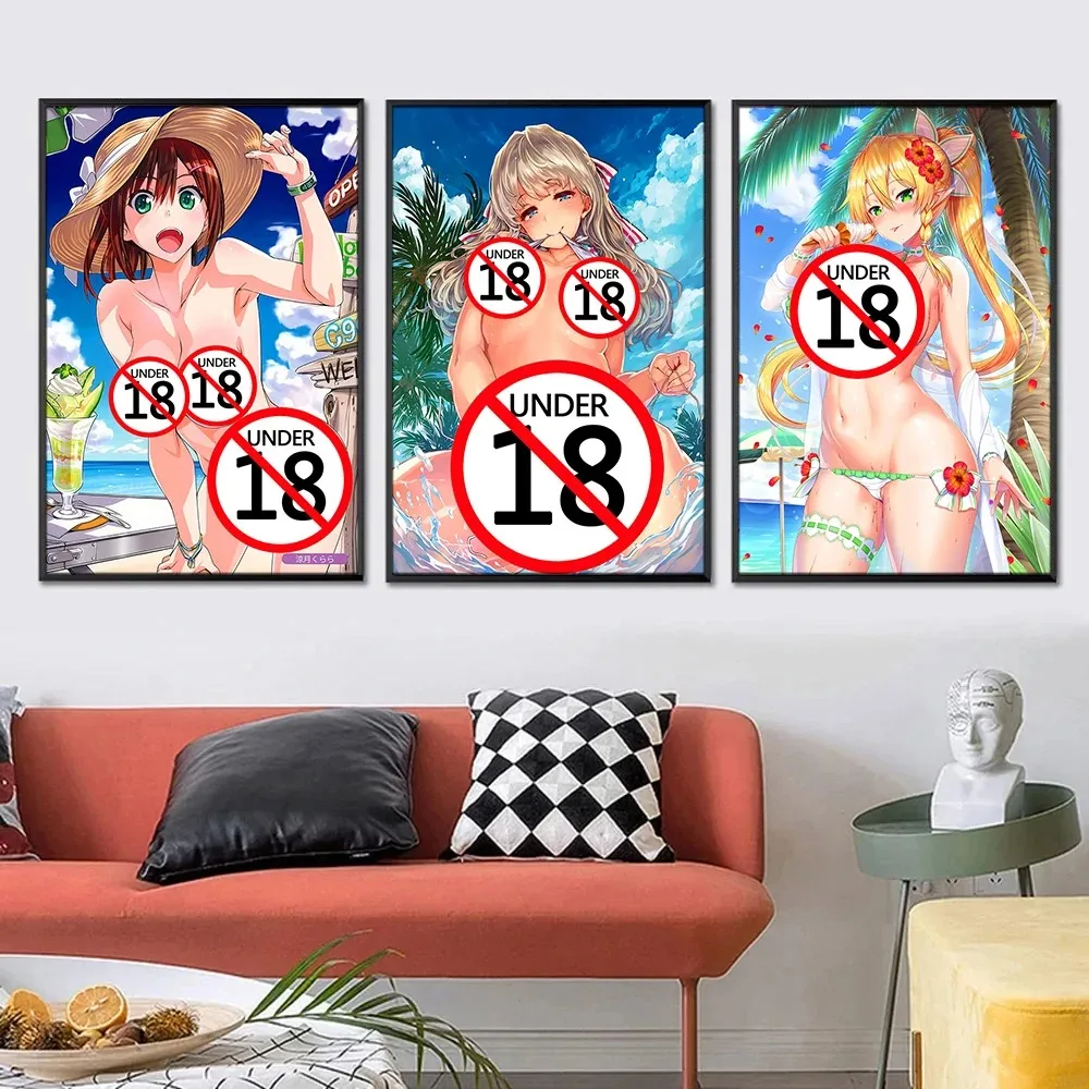 Seaside Sexy Girl Anime Poster Uncensored Manga Wall Art Prints Canvas Painting Erotic Cartoon Picture For Bedroom Home Decor