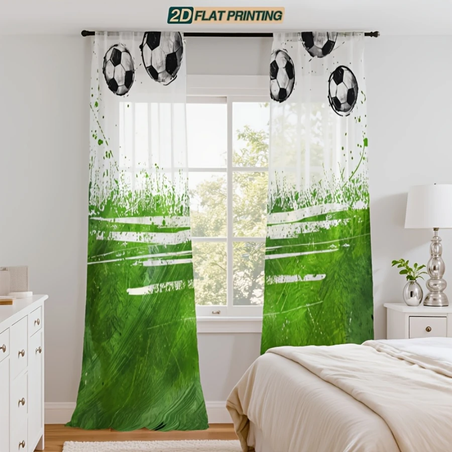 2PCS Digital Printed Sheer Curtain, Green Soccer Football Field, Sports Theme Boys Room Decor for Living Room Bedroom Home Decor