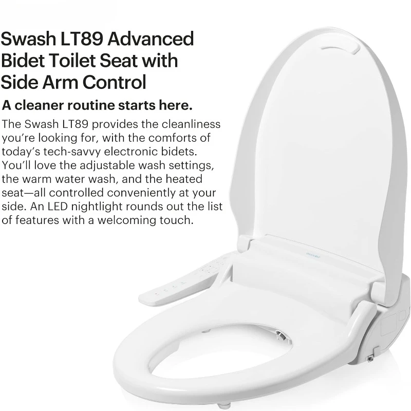 Swash Electronic Bidet Toilet Seat LT89, Fits Elongated Toilets, White – Side Arm Control, Warm Water Wash, Strong Wash Mode