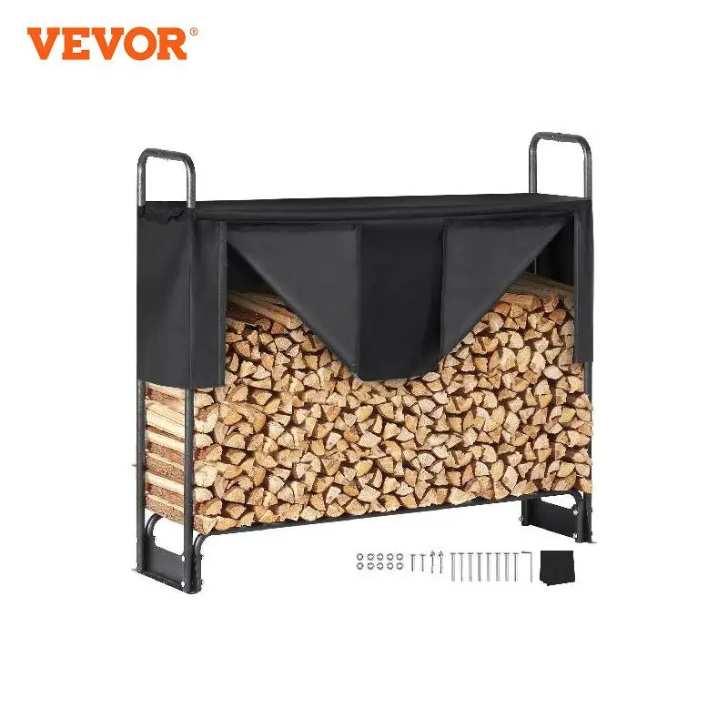 VEVOR Estante de Almacenamiento de Leña 132x36x117 cm Marco de Acero Soporte de Leña con Funda Impermeable 600D Oxford Leñero para Chimenea para 1/4 Cuerda de Leña Carga de 200 kg para Jardín Terraza