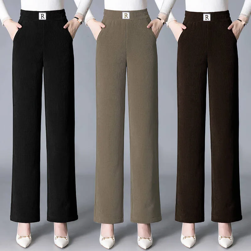 

Spring Autumn High Waist Elastic Mom Pants Drapey Wide Leg Casual Pants Thickened Fleece Outerwear Versatile Straight Leg Pants