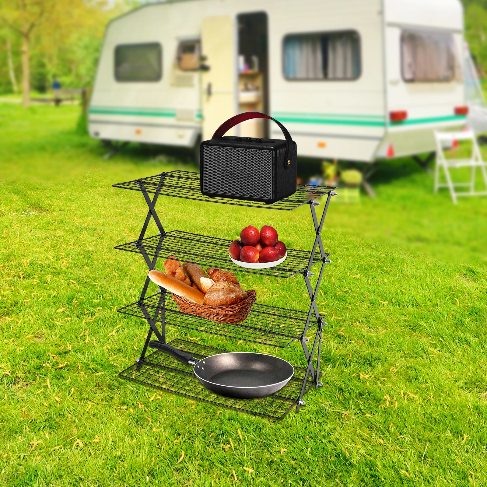 

One-piece Construction 4-Tier Foldable Grilling Drying Rack for Outdoor Picnics Barbecues Family Gatherings and To Hold Food