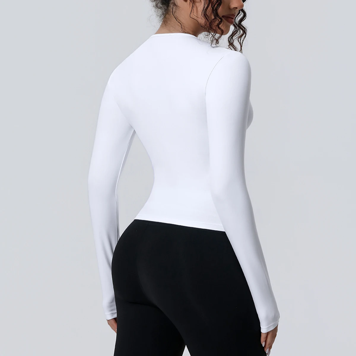 1 Stück Schlankes Casual Sommer Yoga Langarm-Oberteil für Damen, Fitness-Sport-Laufshirt mit Schnelltrocknung, Einfarbiges Trainingsshirt – Detail 4