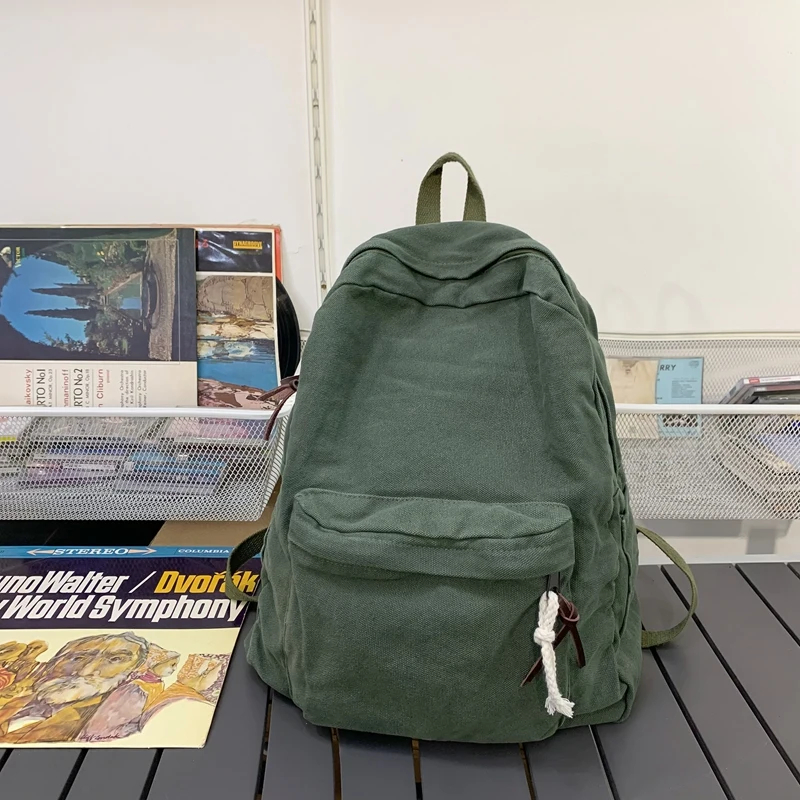 100% Cotton Fabric Backpacks 2023 Winter Soft Canvas School Bags Solid Cloth Book Bags Quality Simple Green Korea Satchels