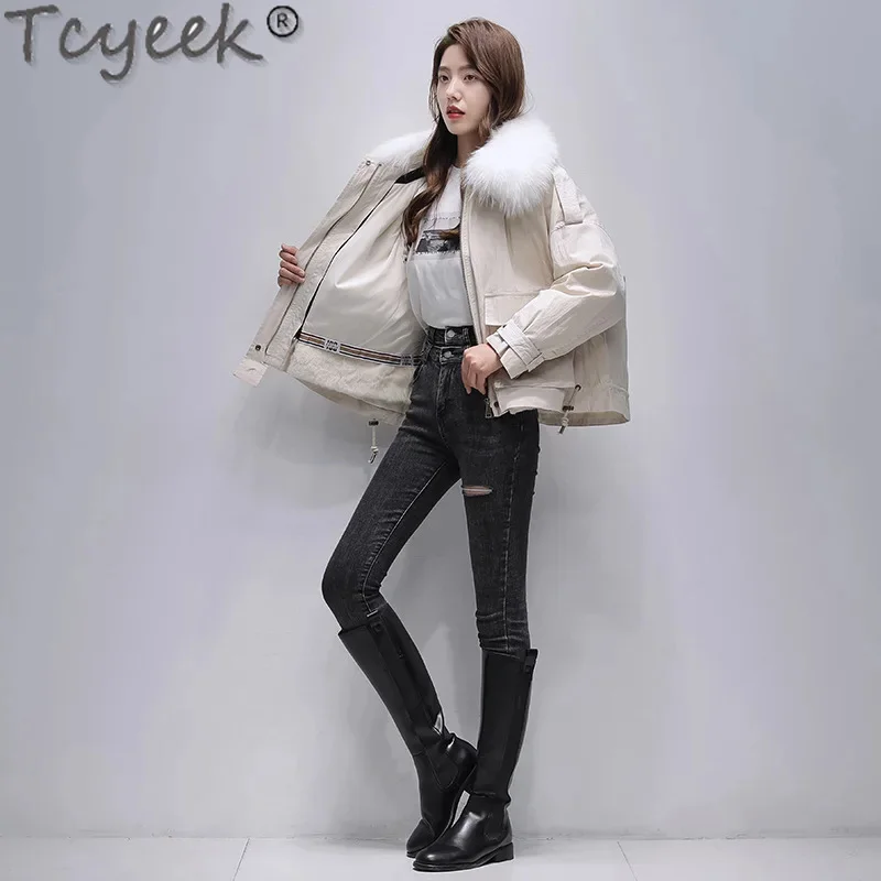 2024 Tcyeek Fox Collar Winter Elegant Women's Parka Women Warm Rex Rabbit Fur Liner Detachable Coat Woman Clothes