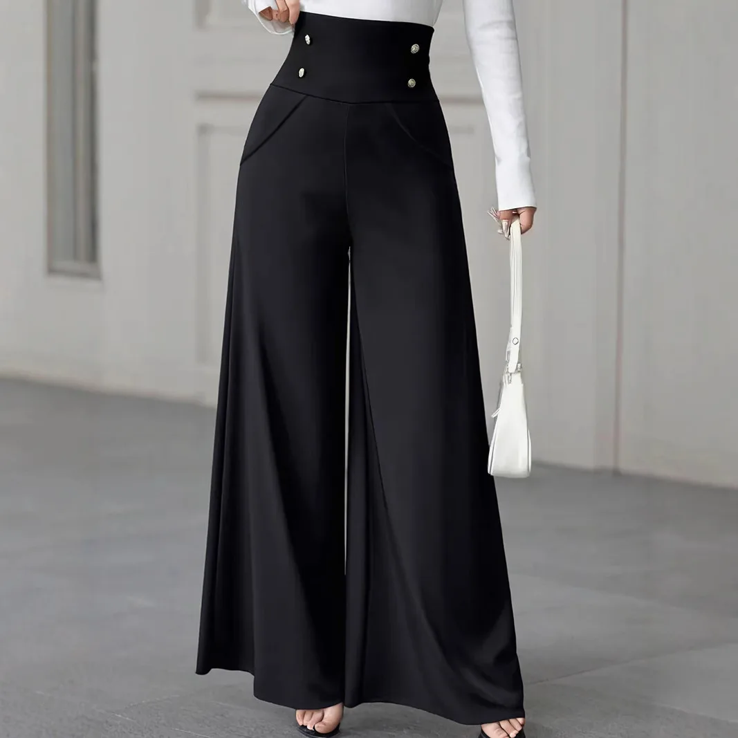 Women's Minimalist Elegance High Waist Belly Black Wide Leg Pants With Pockets Suitable For Work Office Dress