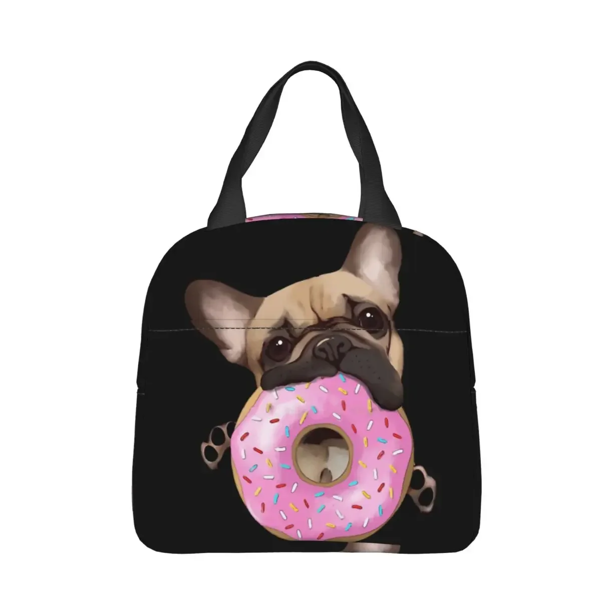 Lovers Sweet Pink Donuts Insulated Lunch Bag French Bulldog Frenchie Dog Women Kids Cooler Bag Thermal Portable Lunch Box Ice