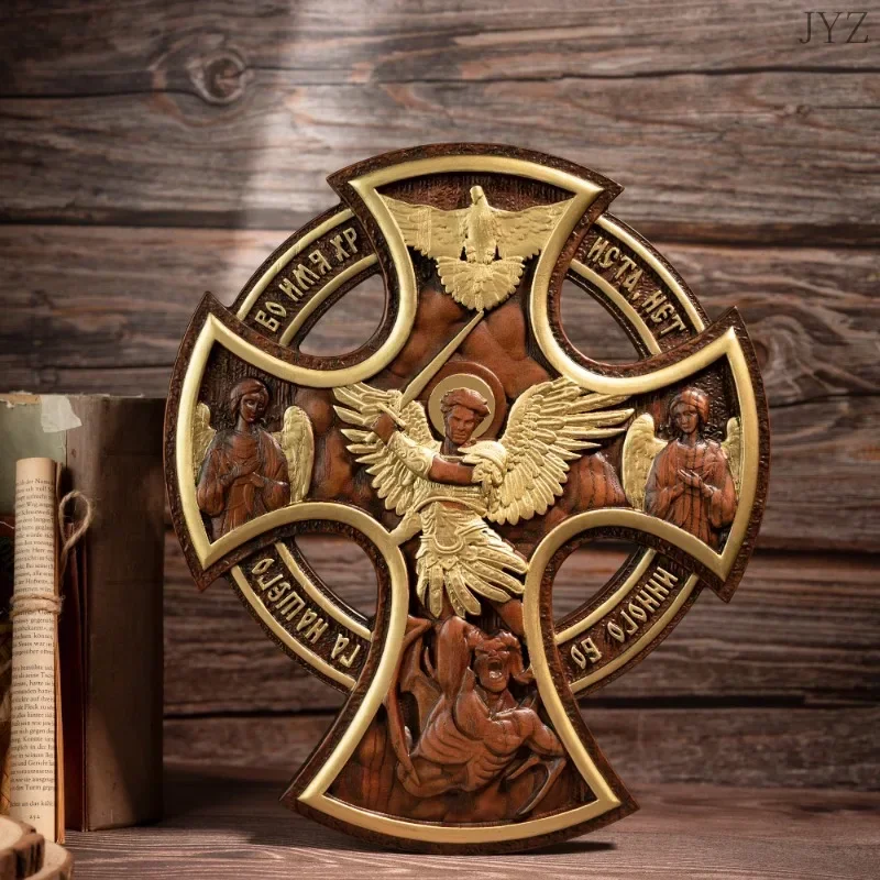 Vintage Wood Carving Orthodox Archangel Cross St. Michael's Home Living Table Wall Gift