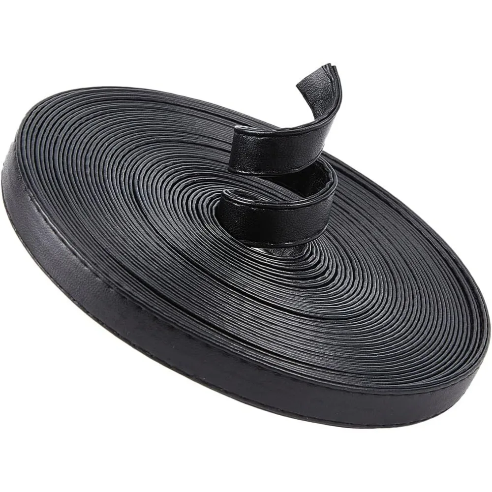

5.5 Yards Long Double Sided Leather Strips 0.47" Wide Black Imitation Leather Strap 0.08" Thick Flat Leather Cord Hand-Stitched